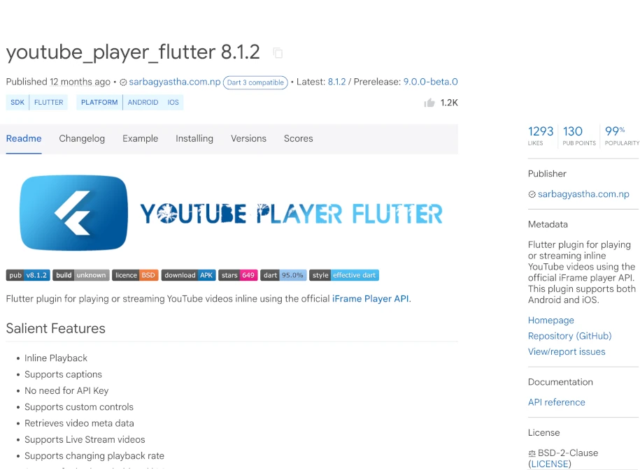 A pub.dev homepage screenshot of the youtube_player_iframe package.