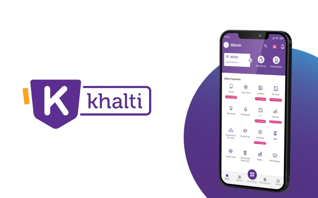 Khalti App Homepage Screenshot and Khalti Logo
