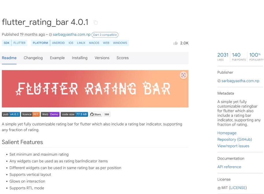 A pub.dev homepage screenshot of the flutter_rating_bar package.